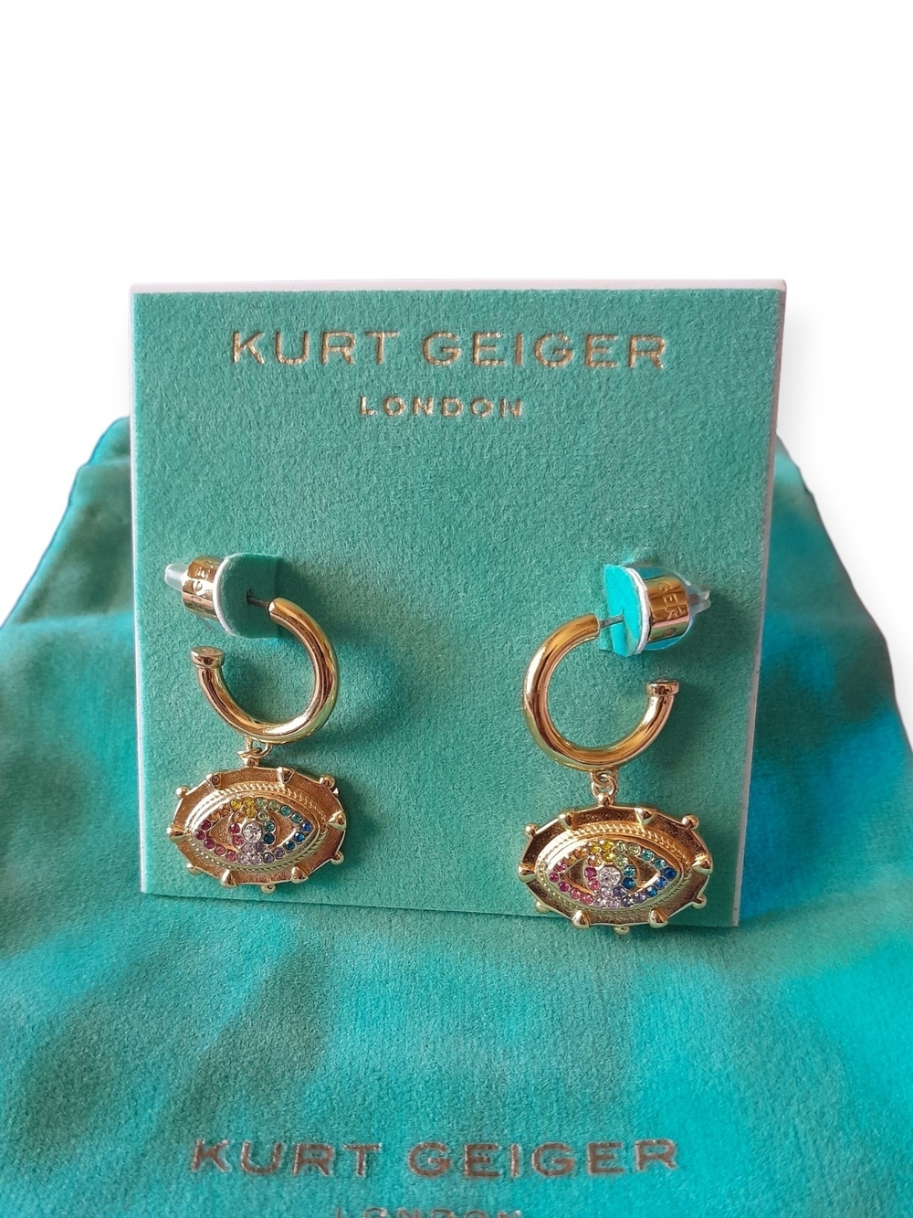 Kurt Geiger Rainbow Evil Eye Huggie Drop Earrings w Multicolor Crystal Charms - Picture 1 of 6